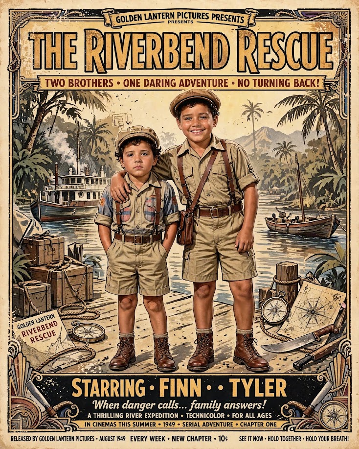 A custom Golden Lantern Pictures picture — jungle river expedition with siblings